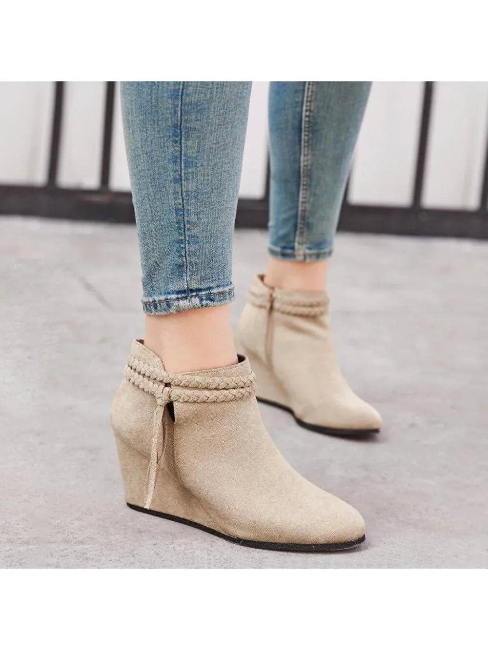 Women's Beige Braided Fringe Strap Western Heeled Fall Booties Dress Shoes